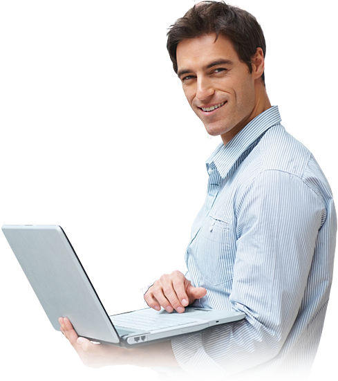 man Smiling man in a blue shirt holding a laptop