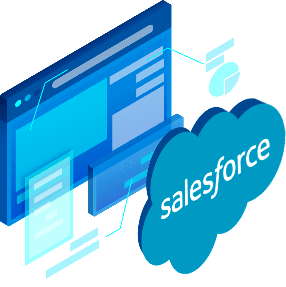 Salesforce-Approach Illustration of Salesforce application screens with the Salesforce cloud logo