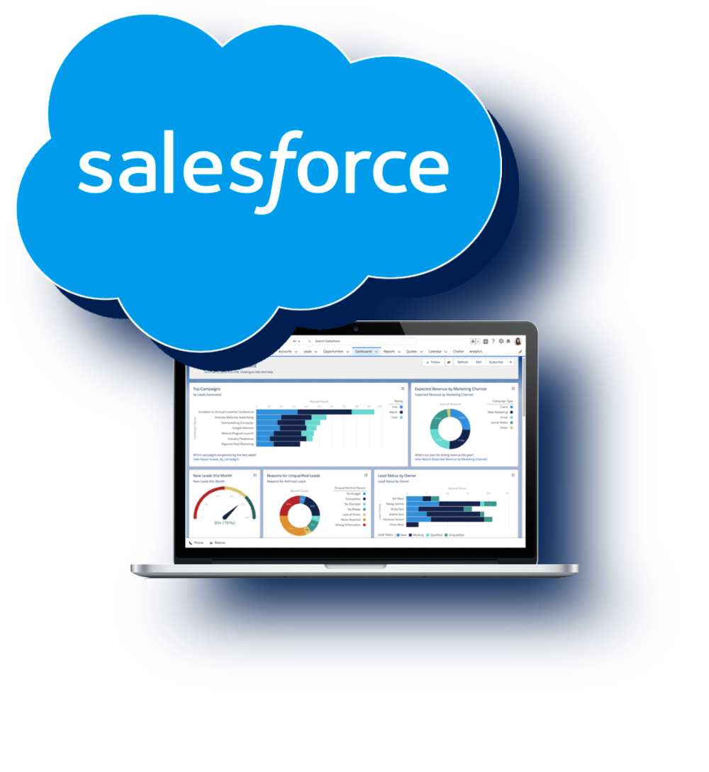 SalesforceExperts Salesforce cloud logo above a laptop showing dashboards