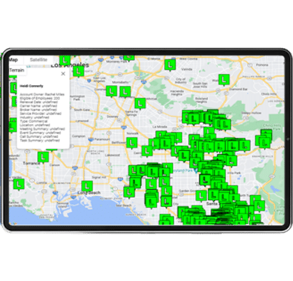 Tablet showing a map of leads plotted with green pins
