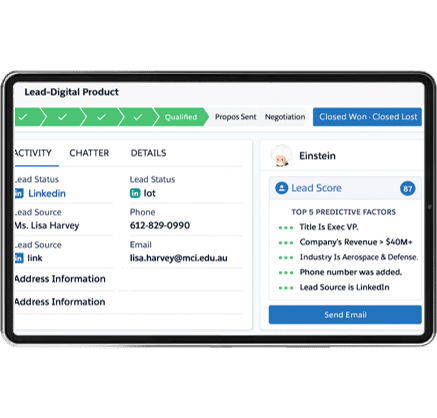Tablet showing an Alana Sales lead record with Einstein lead score