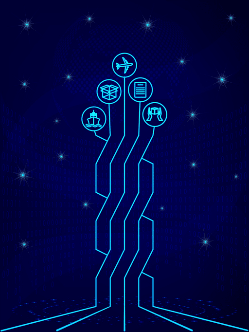 Product2-Section4 Illustration of glowing data lines rising to insurance icons