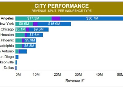 Alana Sales bar chart of revenue per city split by insurance type