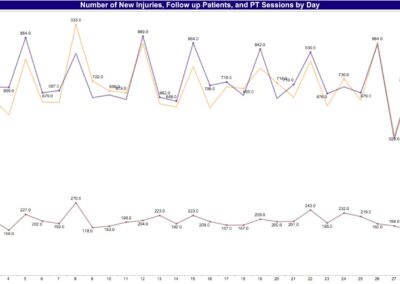 Alana Analytics line chart of new injuries, follow-ups and physical therapy sessions by day