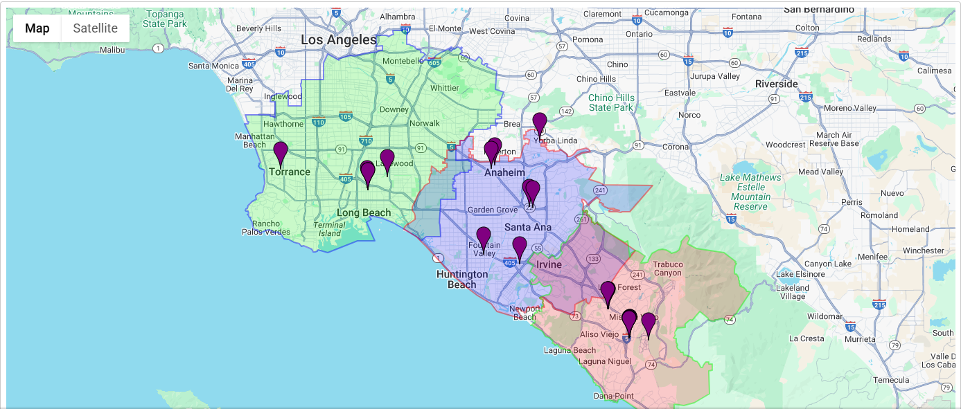Custom Google Map of Los Angeles with colour-coded territories and pins
