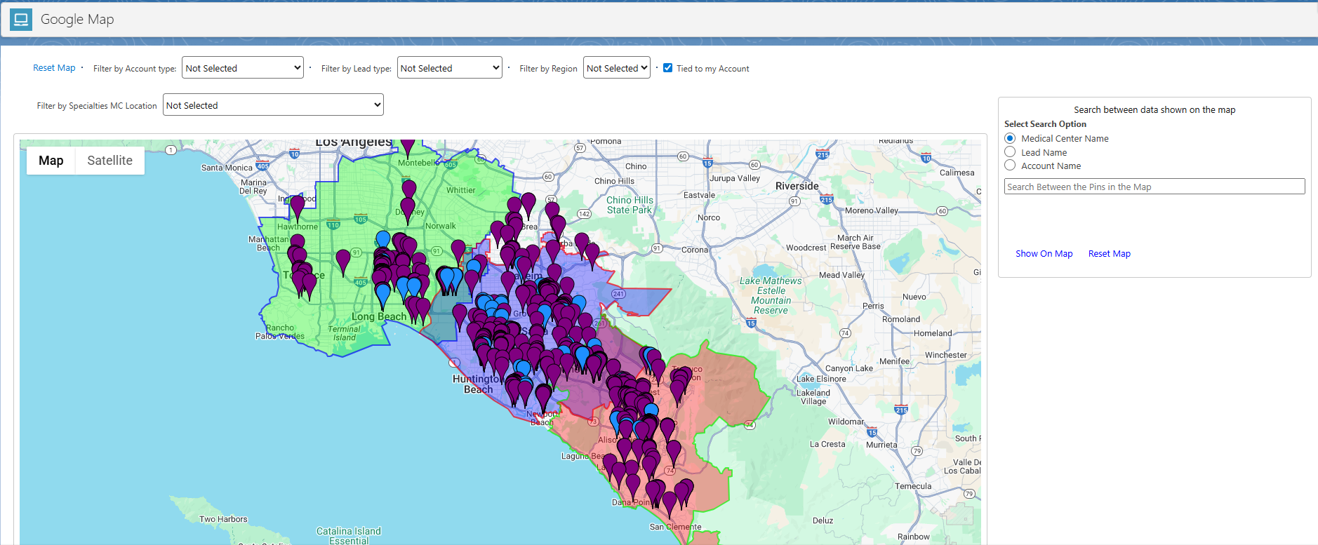 Salesforce screen showing leads and accounts plotted on a custom Google Map