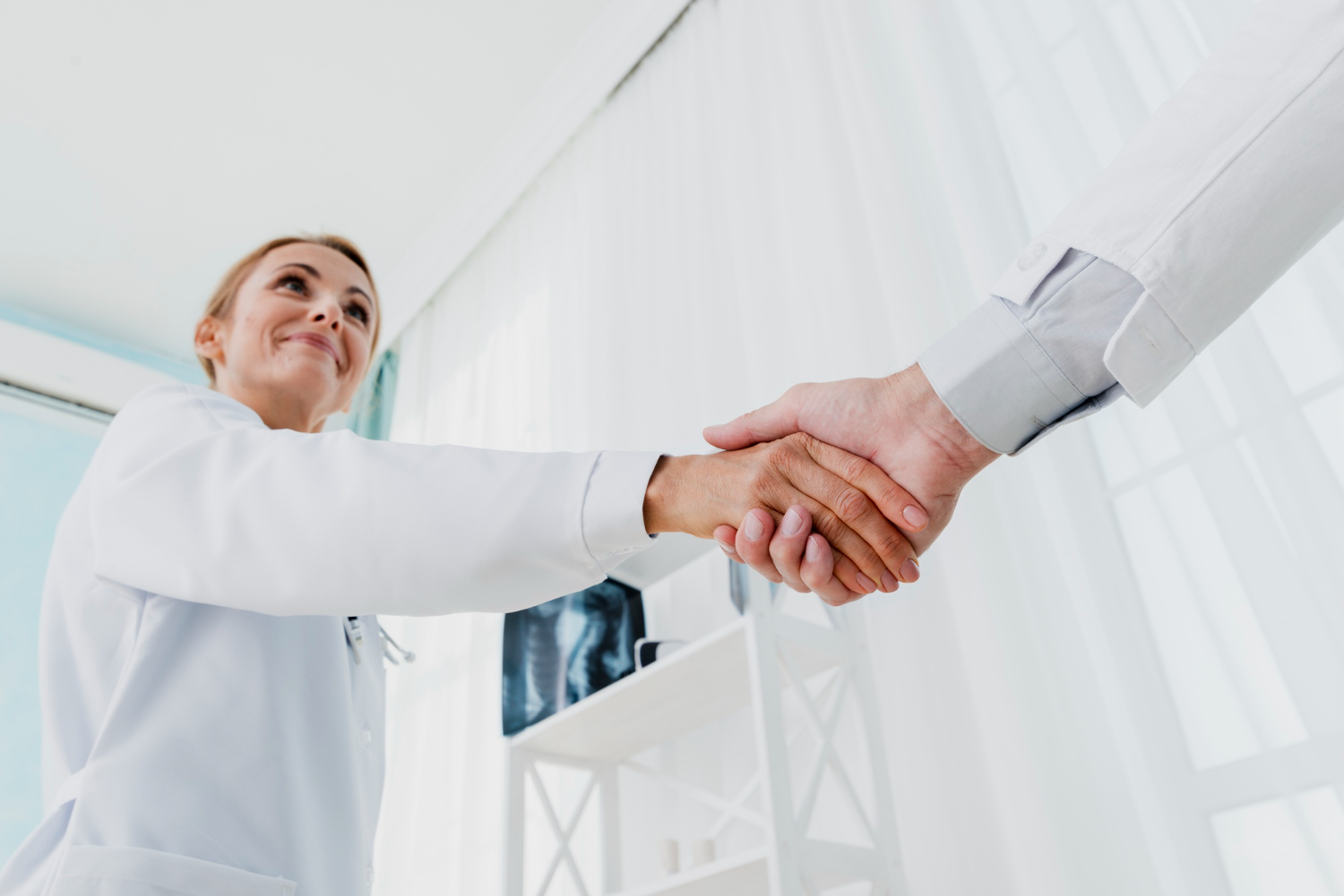 Two professionals shaking hands in a bright office