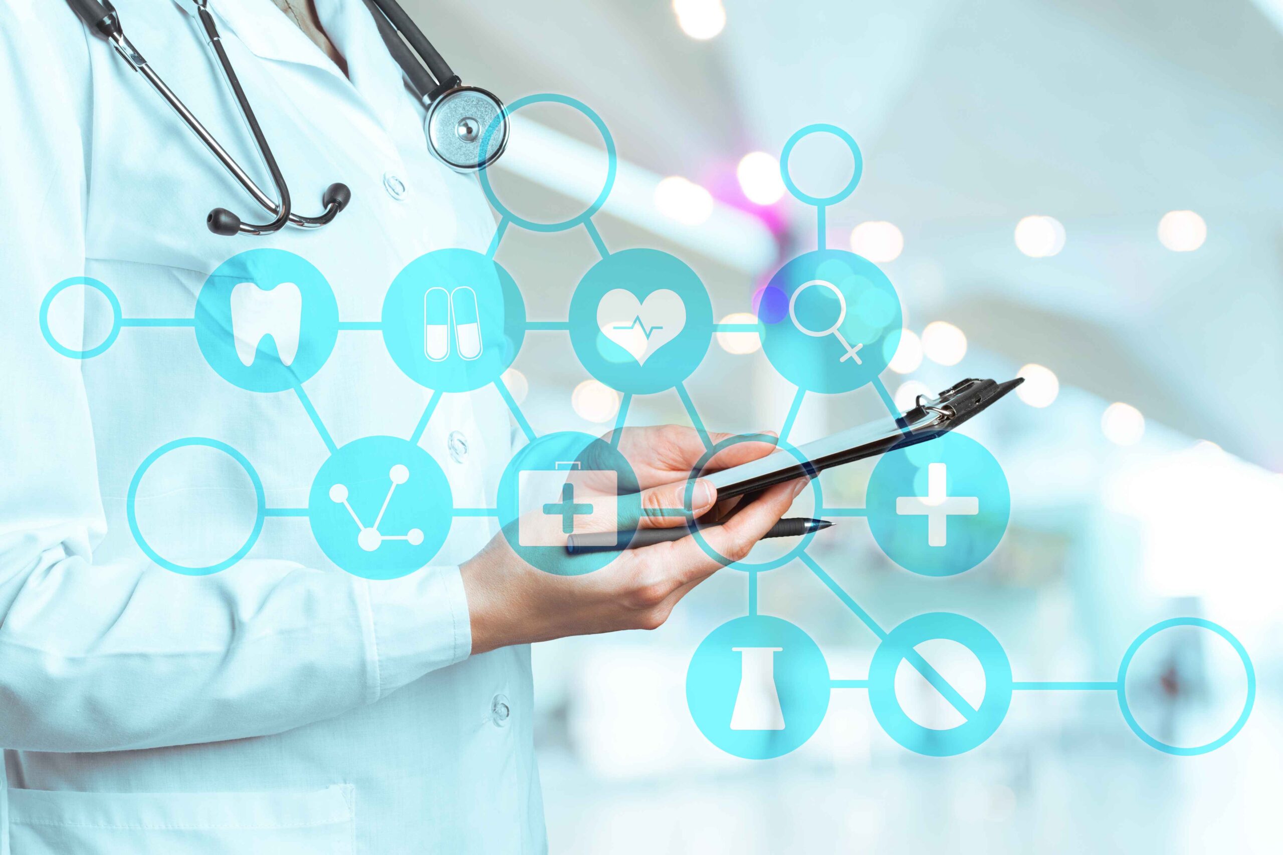 Doctor holding a tablet surrounded by healthcare icons