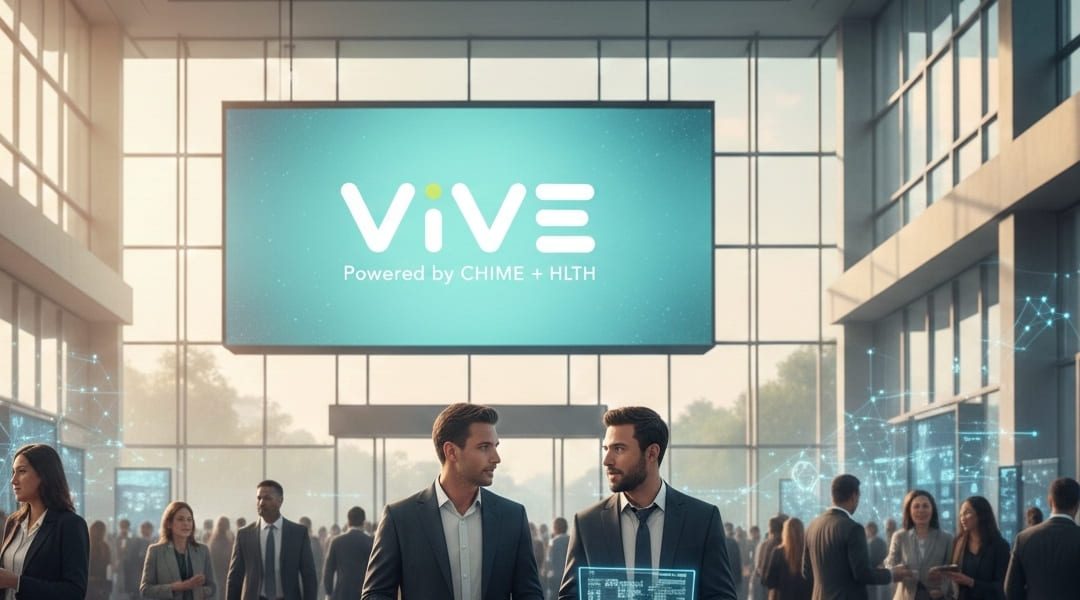 Conference attendees in front of a large ViVE 2026 screen