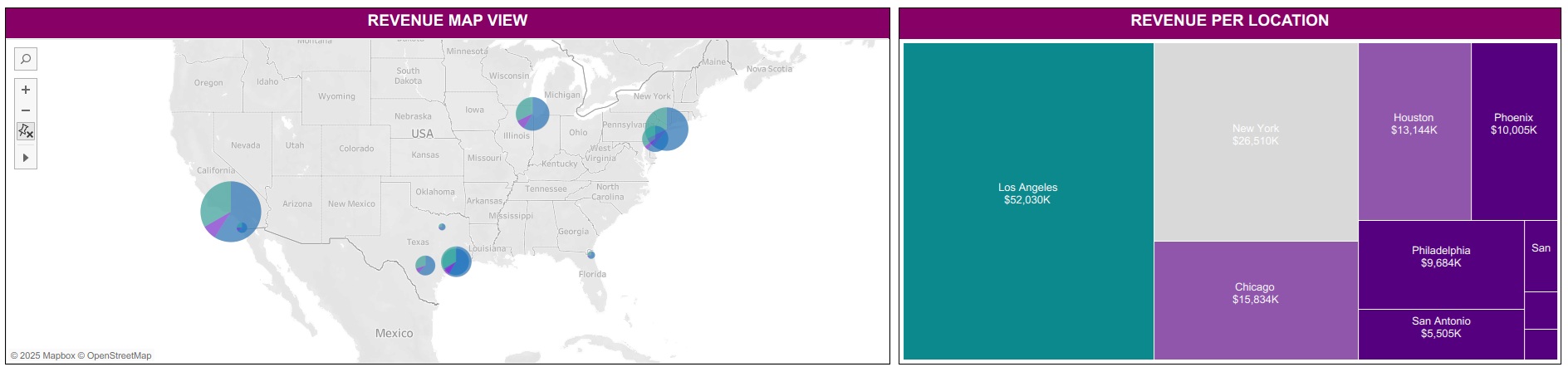 Revenue map of the United States next to a revenue per location treemap