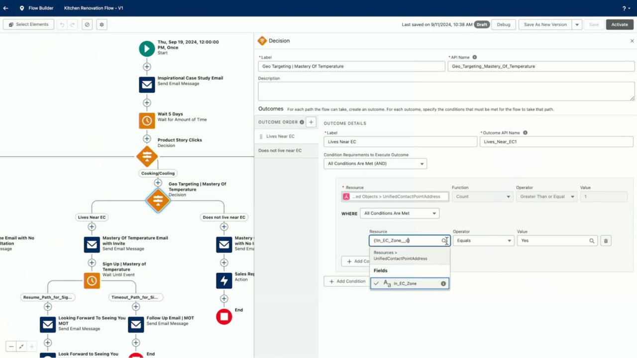 Journey Builder workflow canvas with an open decision split configuration panel