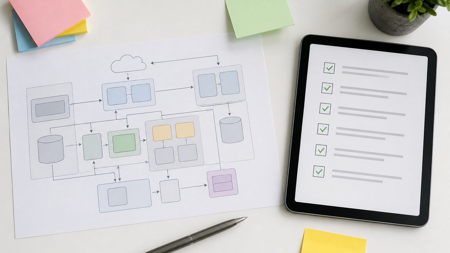 Printed system diagram, sticky notes and a tablet checklist on a clean desk