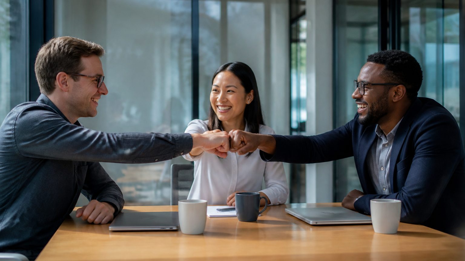 Three team members fist-bumping over a meeting table at go-live