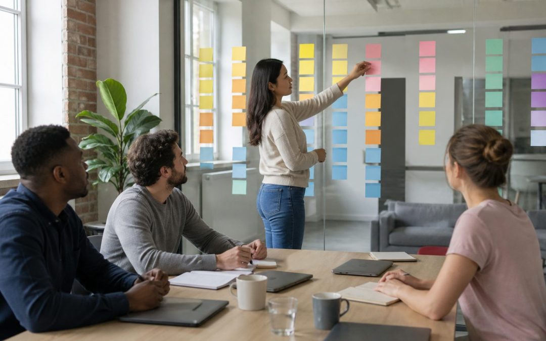 Project team planning a roadmap with sticky notes on a glass wall