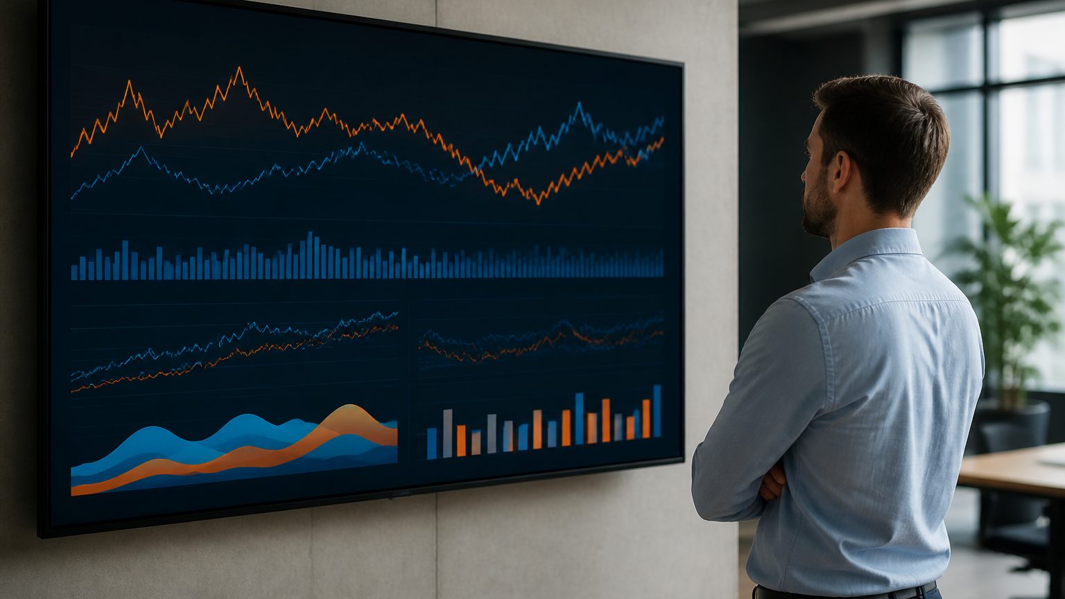 Person watching performance graphs on a wall-mounted office monitor