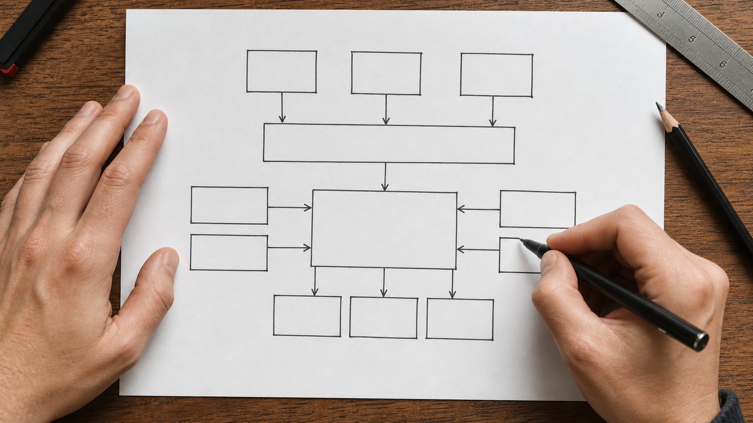 Hands sketching a system blueprint of boxes and arrows on paper