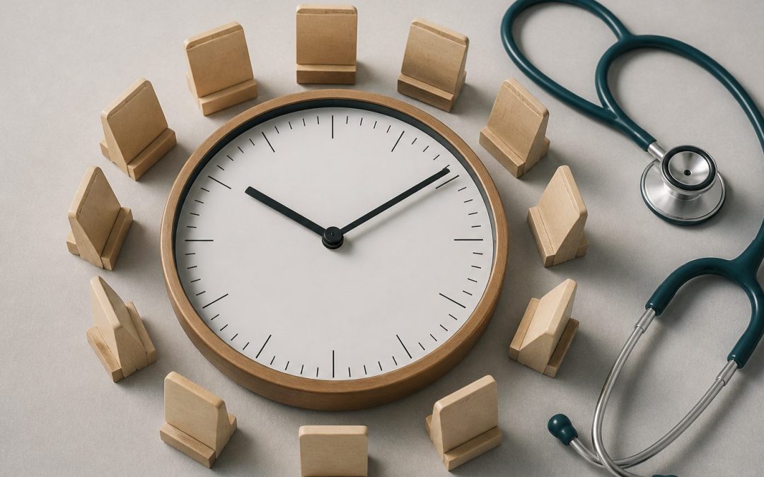Analog clock ringed by blank wooden blocks with a stethoscope draped across one side, on a pale grey surface